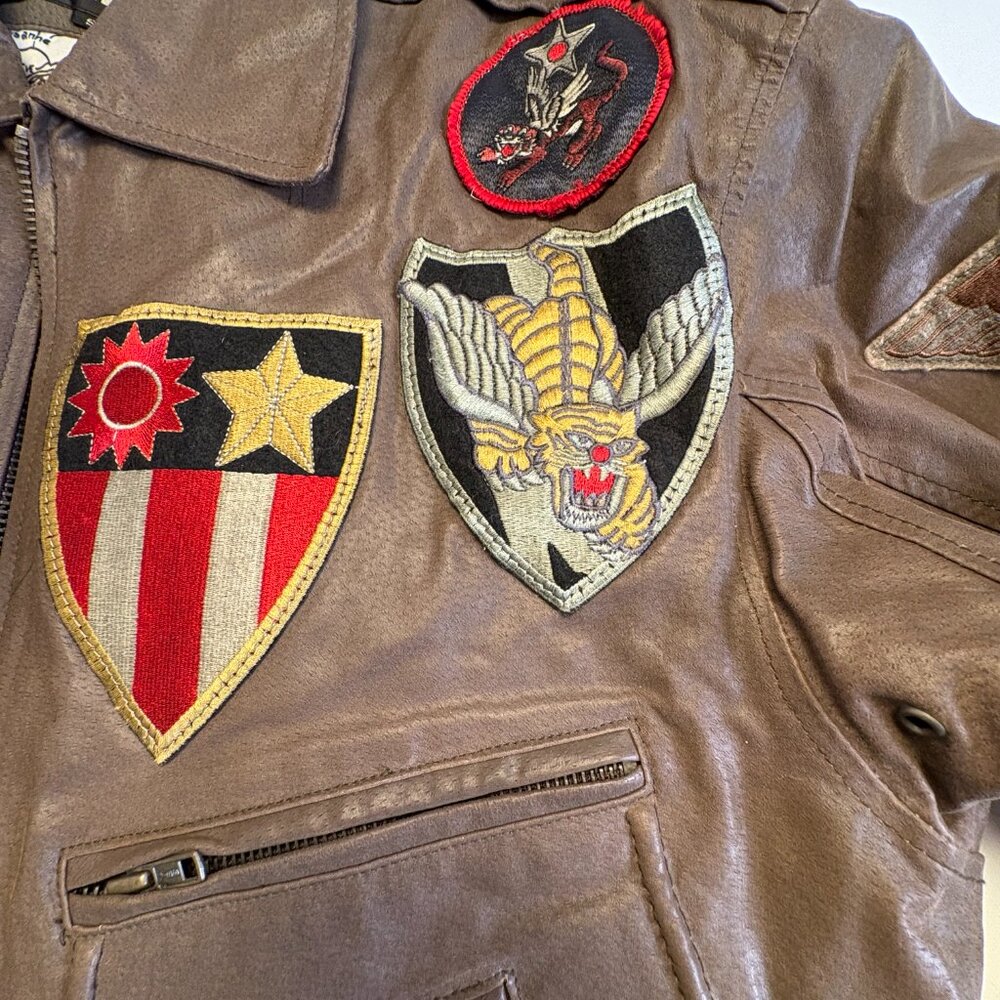 Vintage 80s Excelled Leather Bomber Jacket Patched Top Gun Flight A-2 Map Lining - Picture 7 of 12